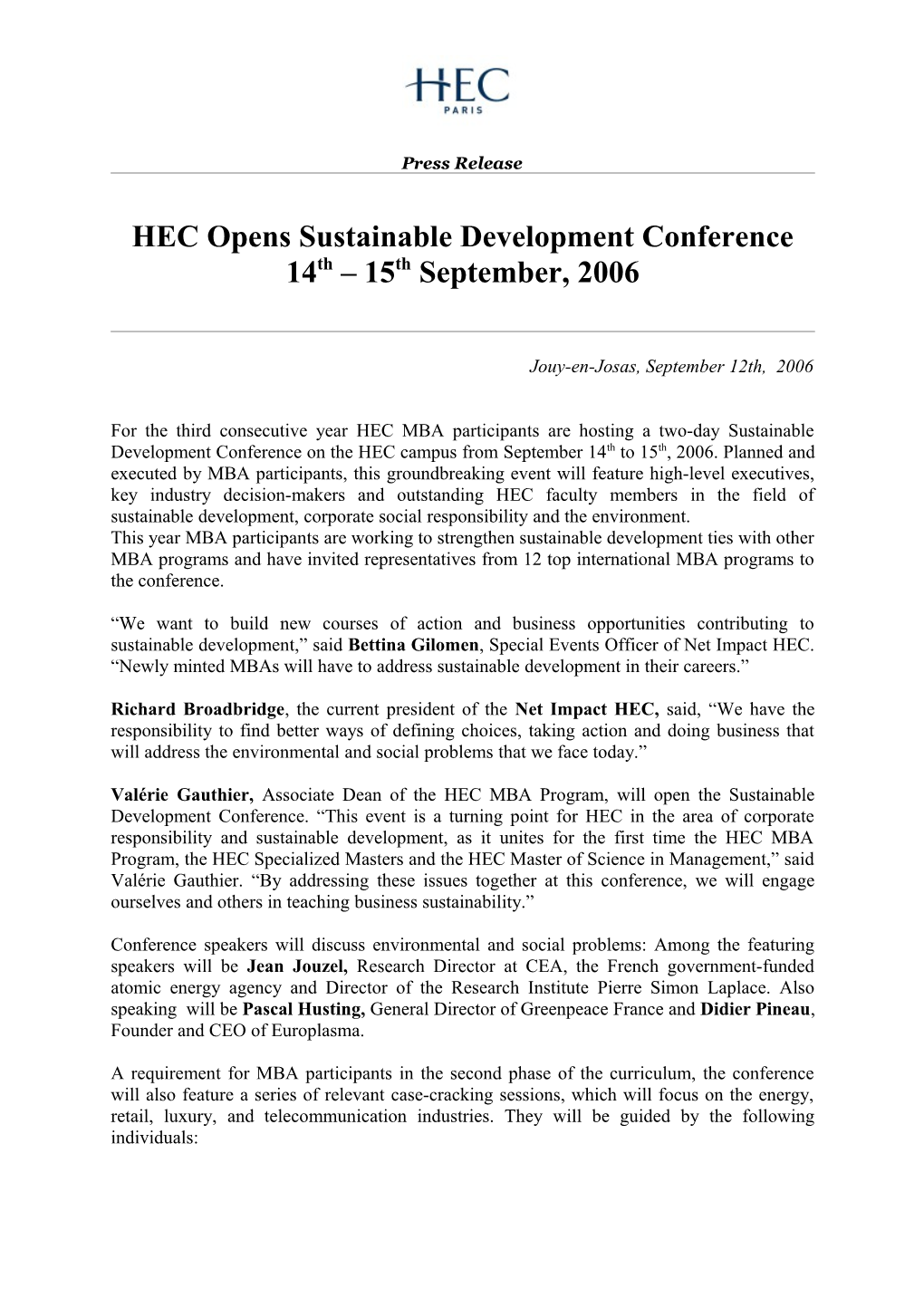 HEC Opens Sustainable Development Conference