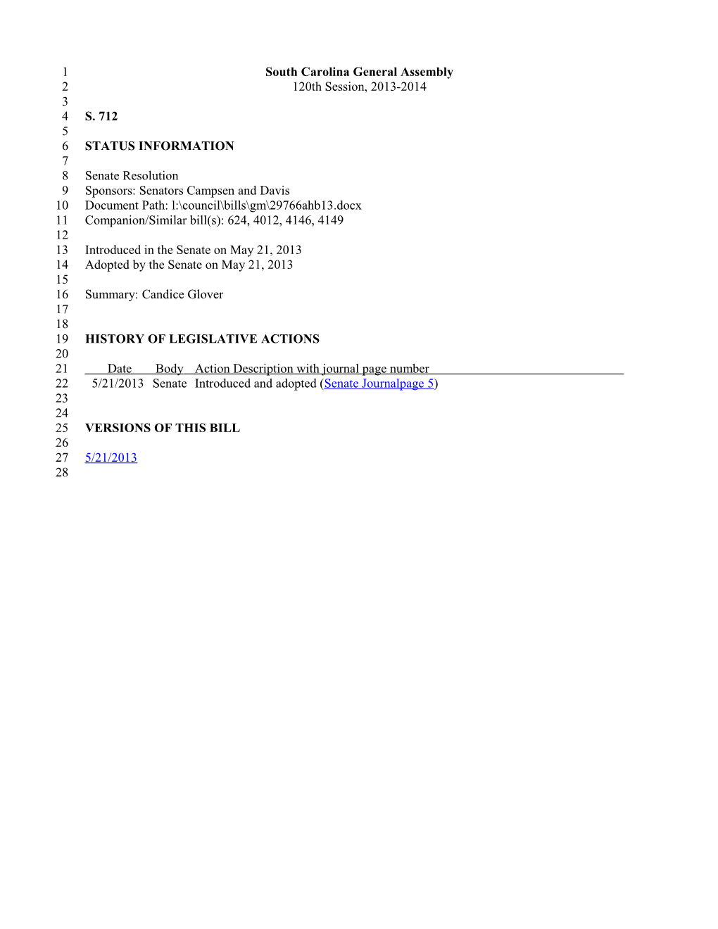 2013-2014 Bill 712: Candice Glover - South Carolina Legislature Online