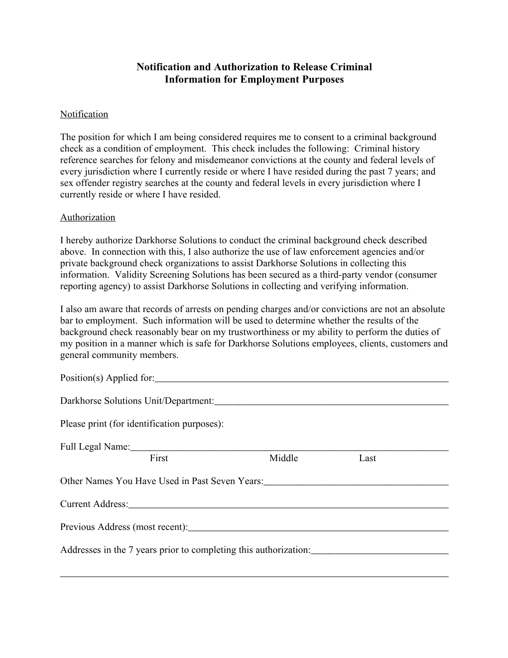 Notification and Authorization to Release Criminal Information for Employment Purposes