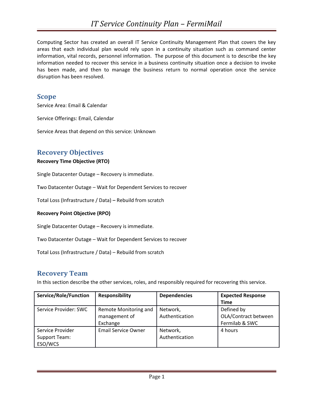 IT Service Continuity Plan Fermimail