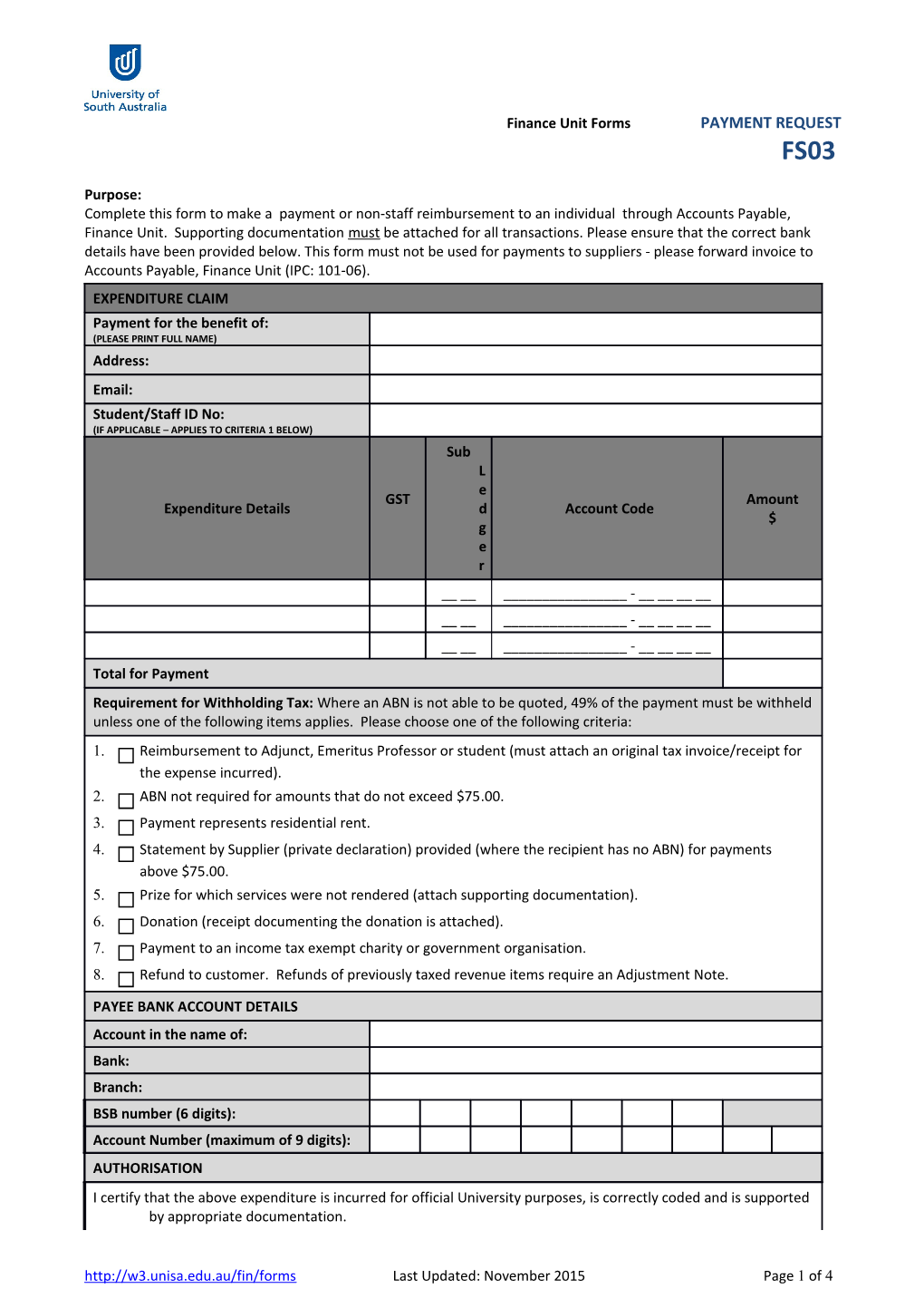 Finance Unit Formspayment REQUEST