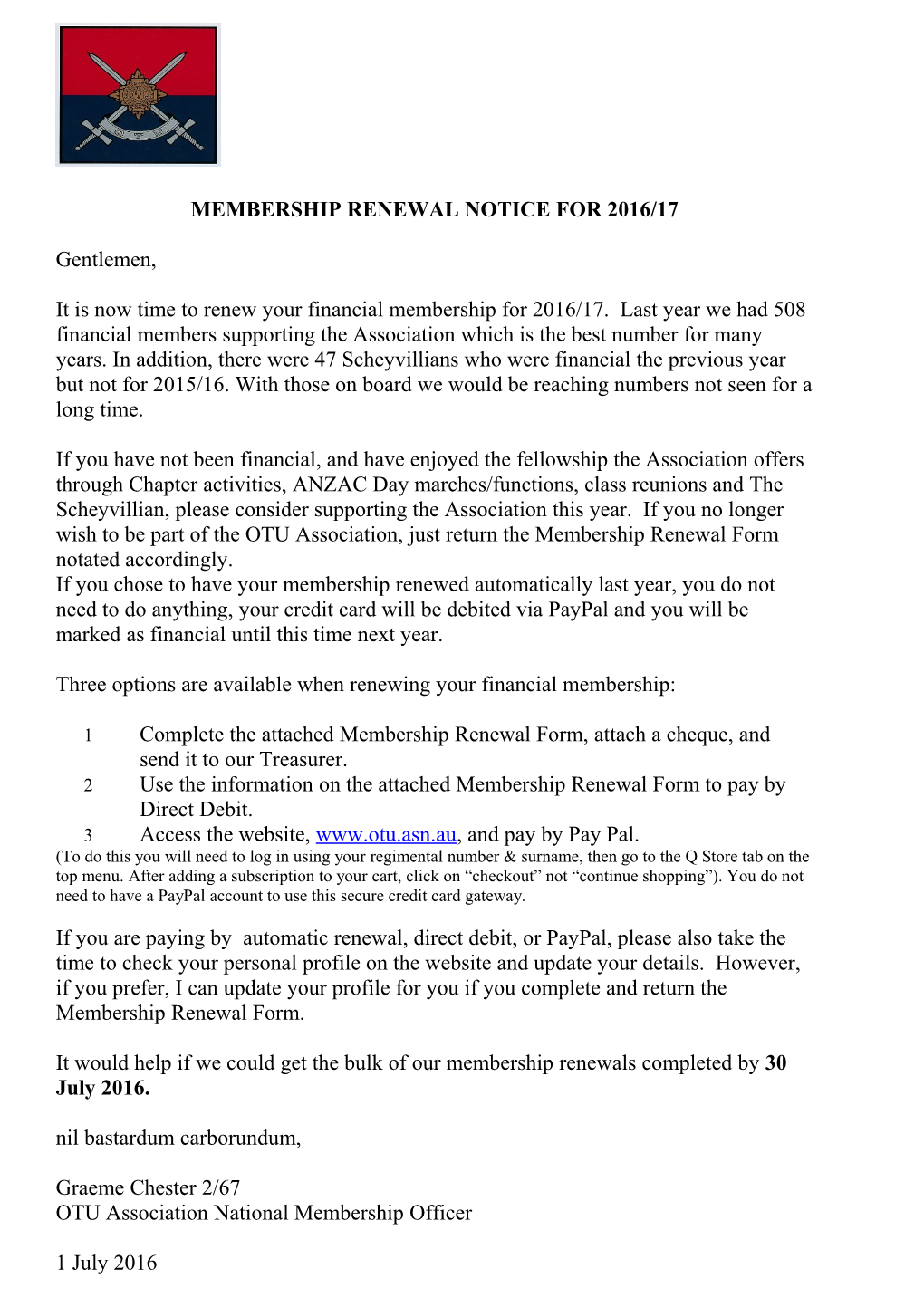 Membership Renewal Notice for 2016/17