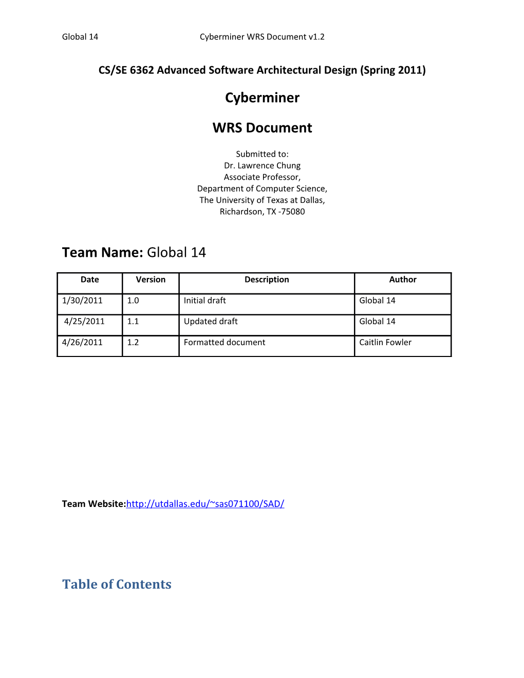 CS/SE 6362 Advanced Software Architectural Design (Spring 2011)