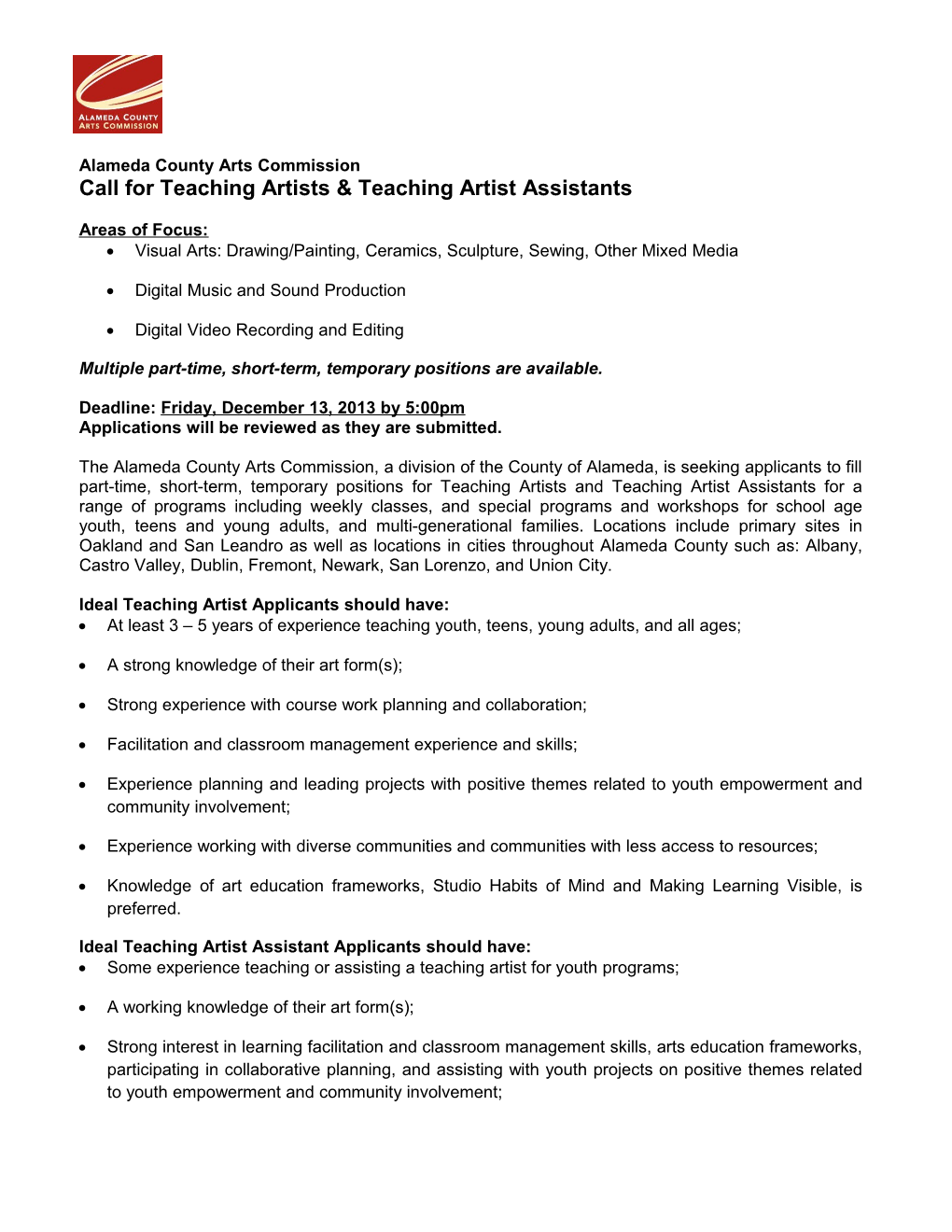 Call for Teaching Artists Teaching Artist Assistants