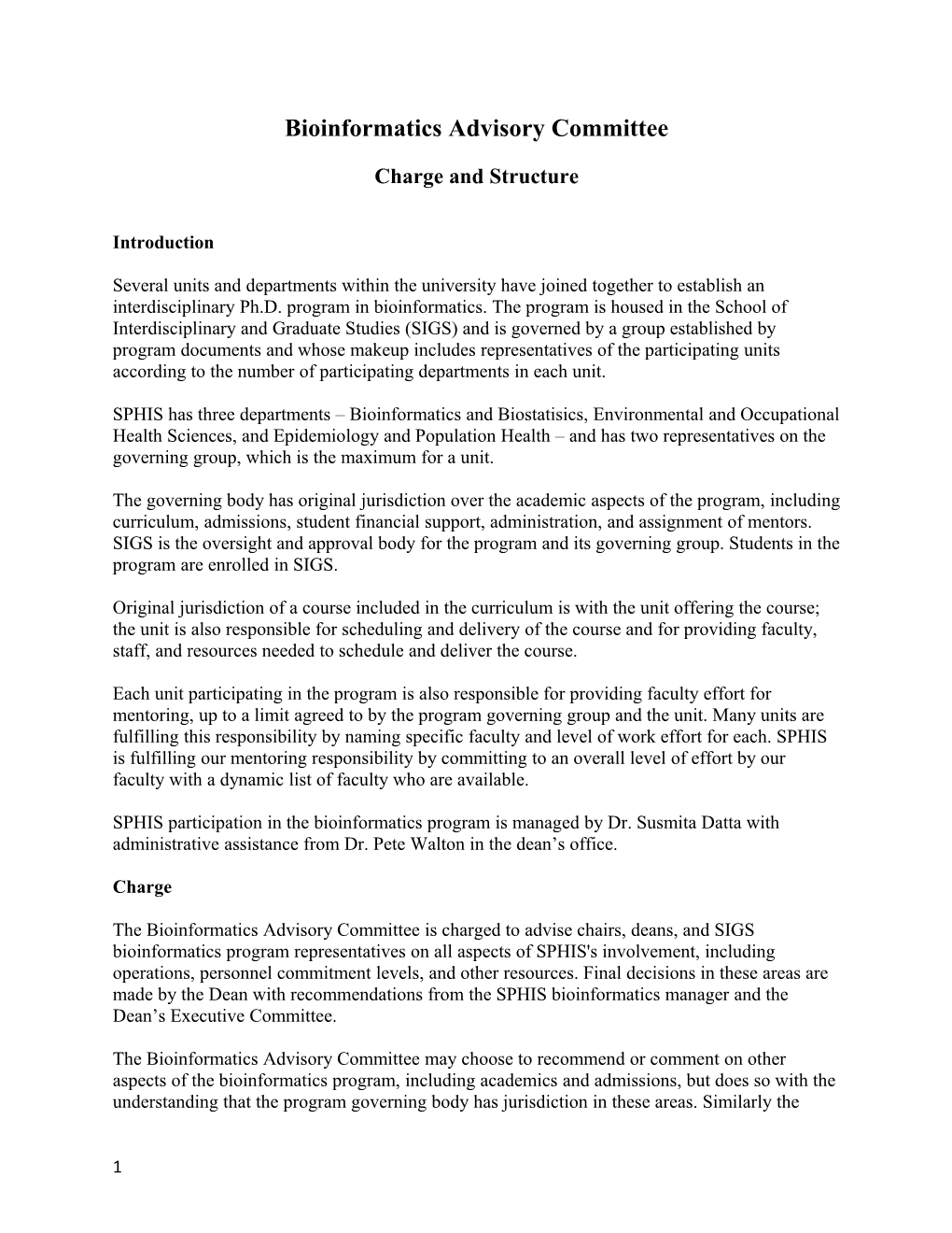 Bioinformatics Advisory Committee Charge and Structure