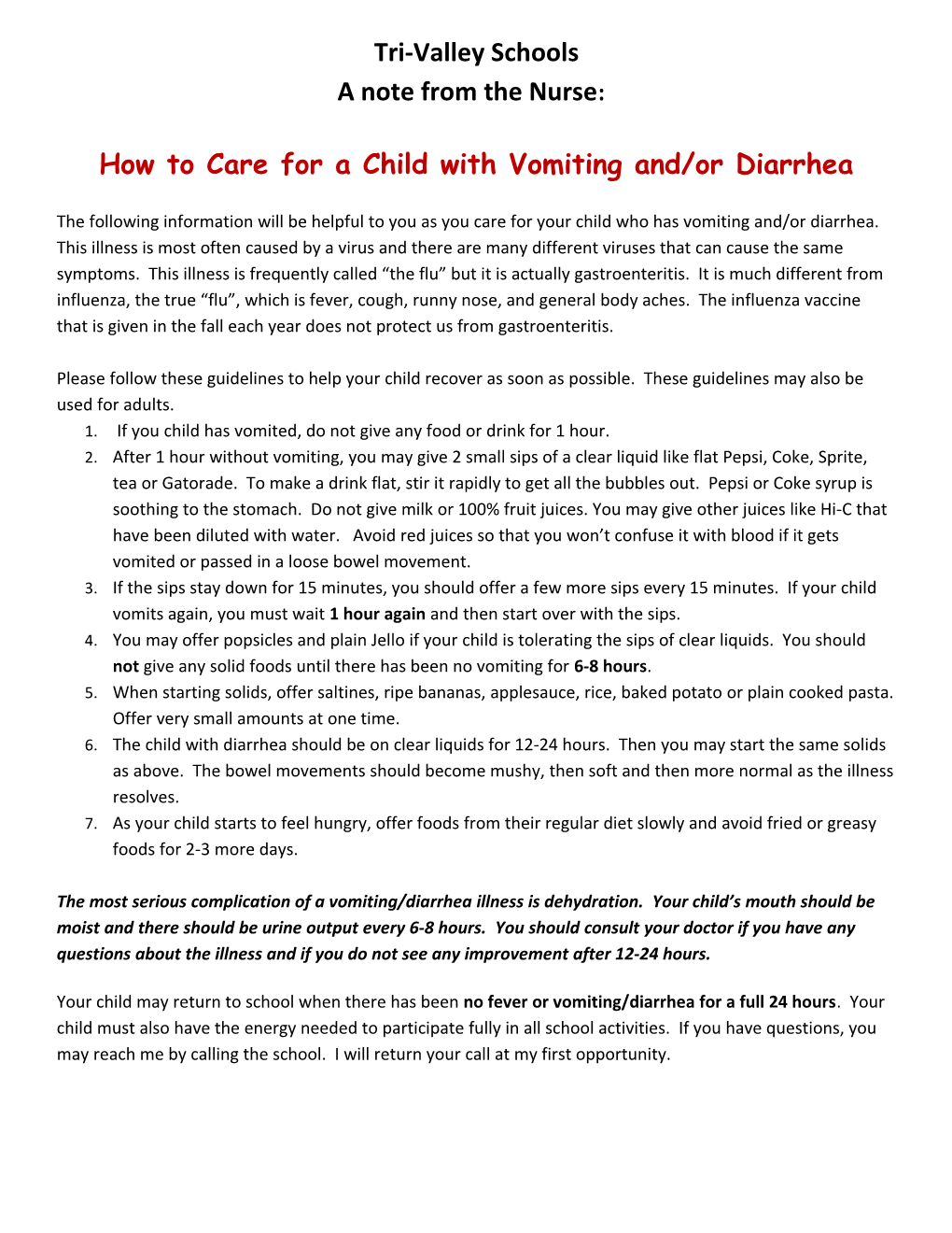 How to Care for a Child with Vomiting And/Or Diarrhea