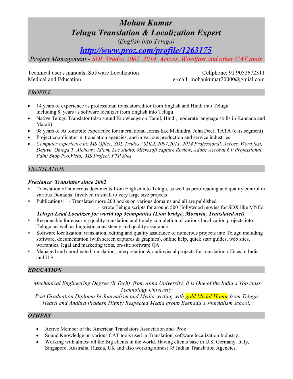 CV in English for Project Management
