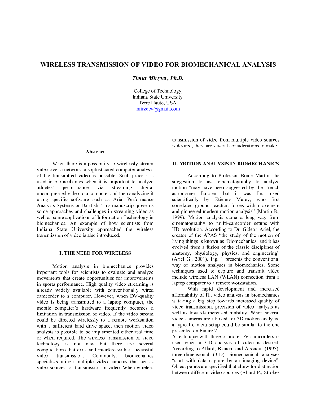 Wireless Transmission of Video for Biomechanical Analysis