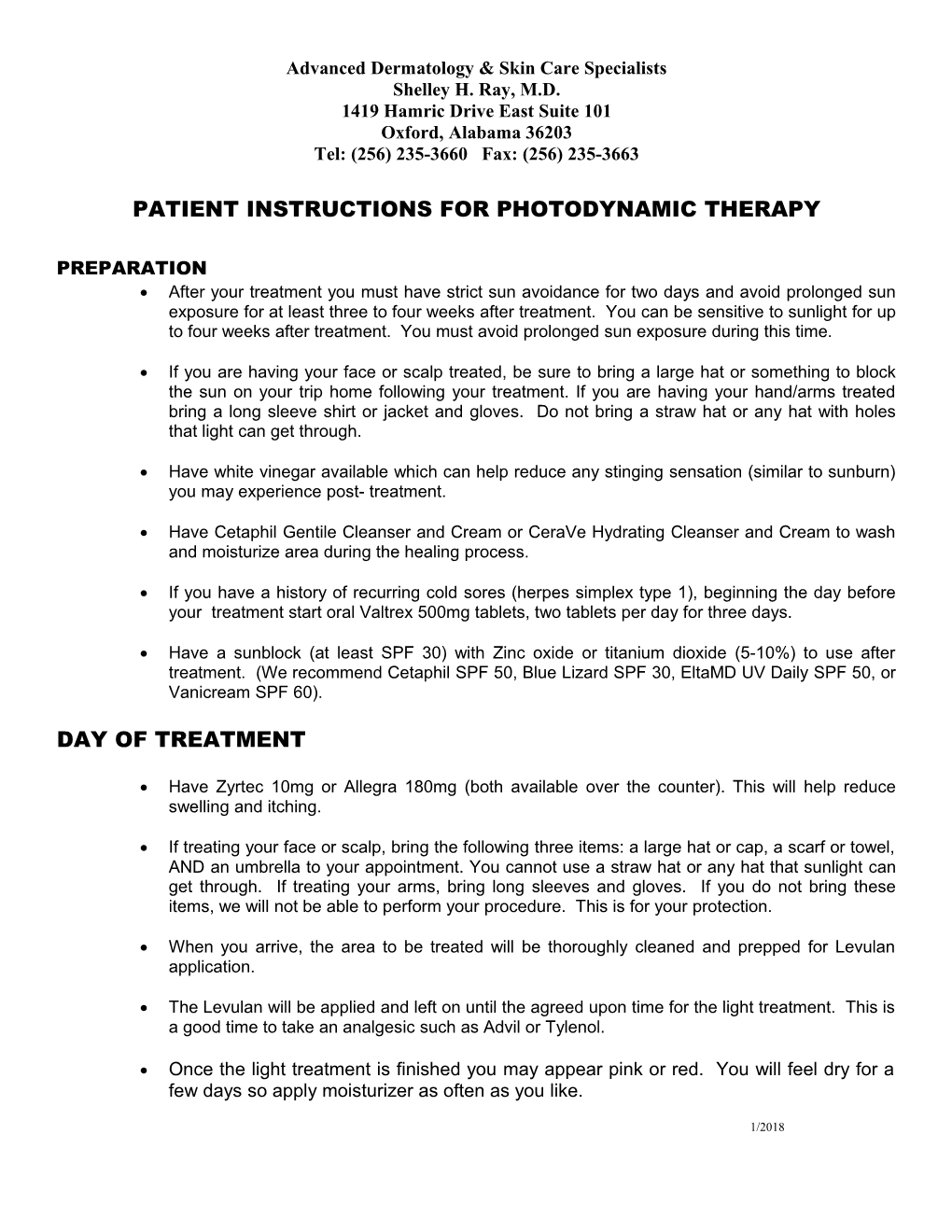 Patient Instructions for Photodynamic Therapy