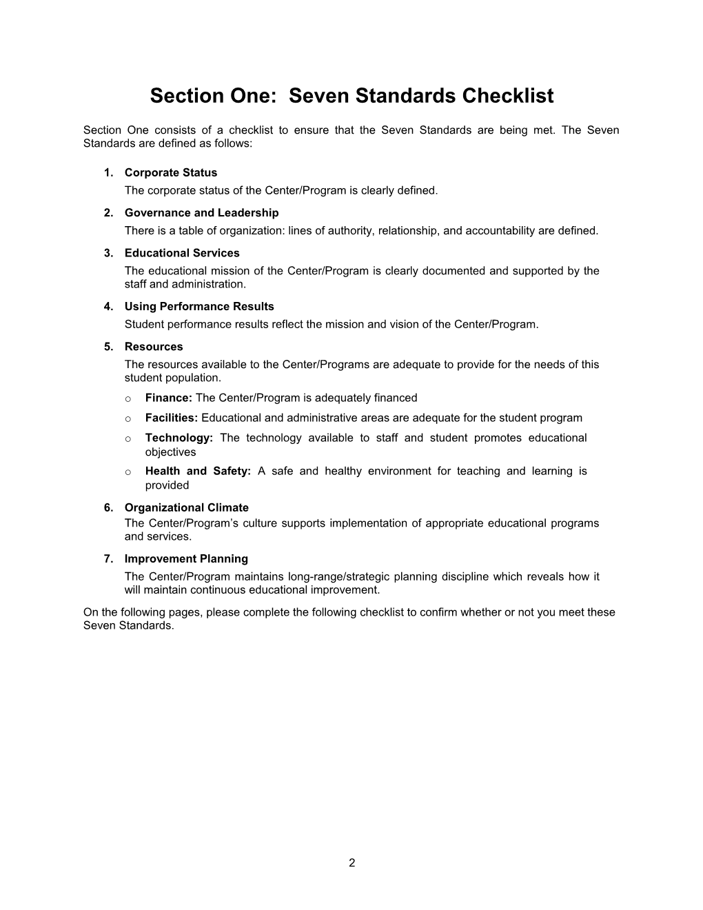 Section One: Seven Standards Checklist