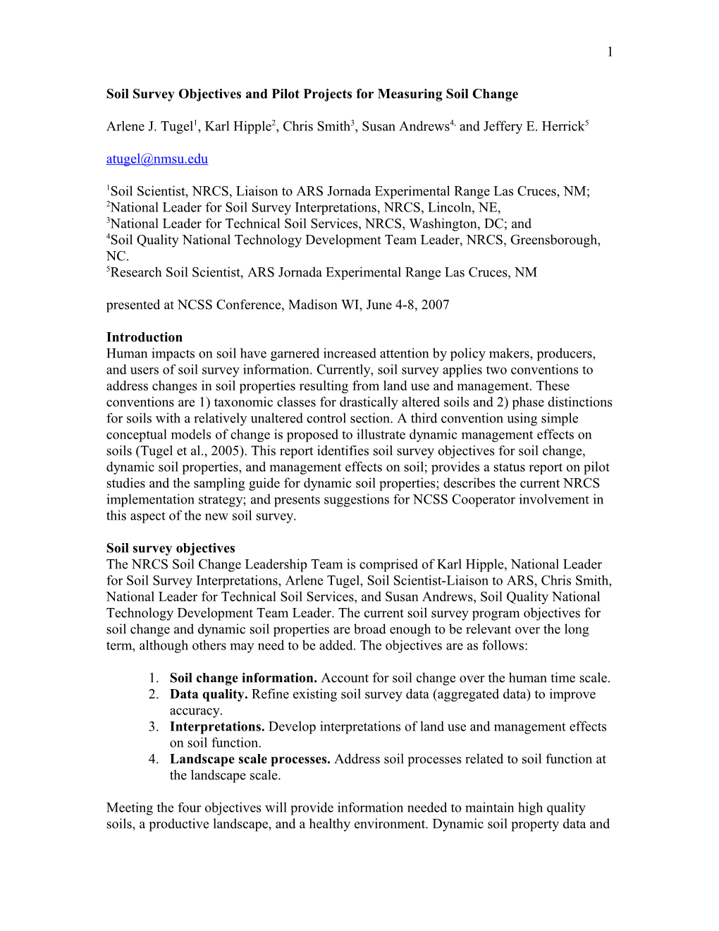 Soil Survey Objectives and Pilot Projects for Measuring Soil Change