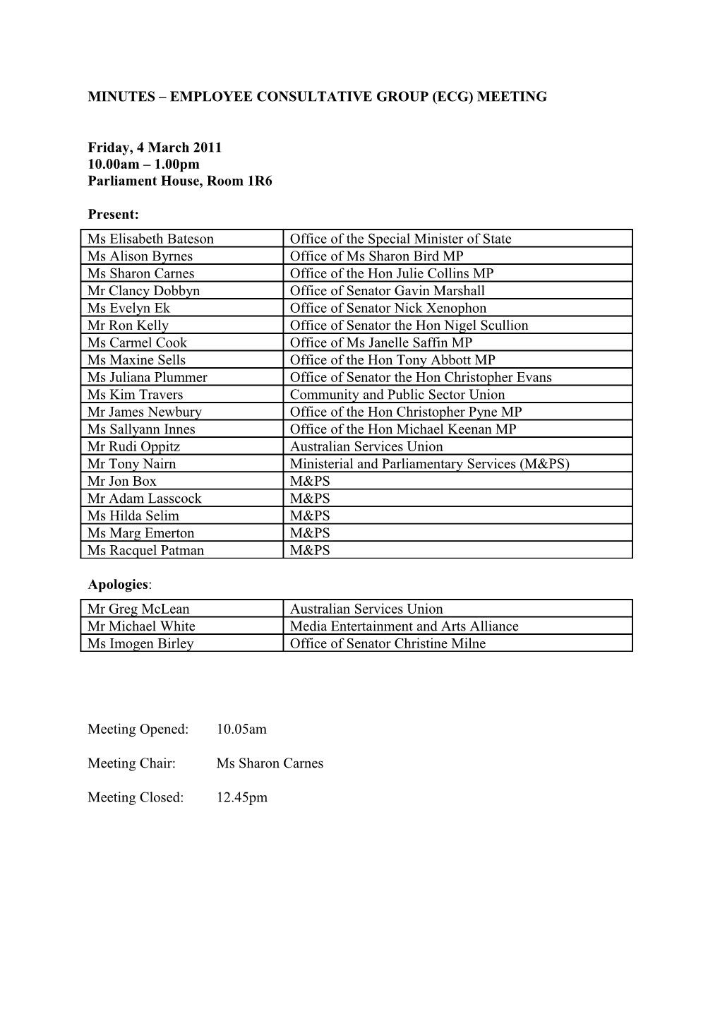 Employee Consultative Group Meeting Minutes 4 March 2011