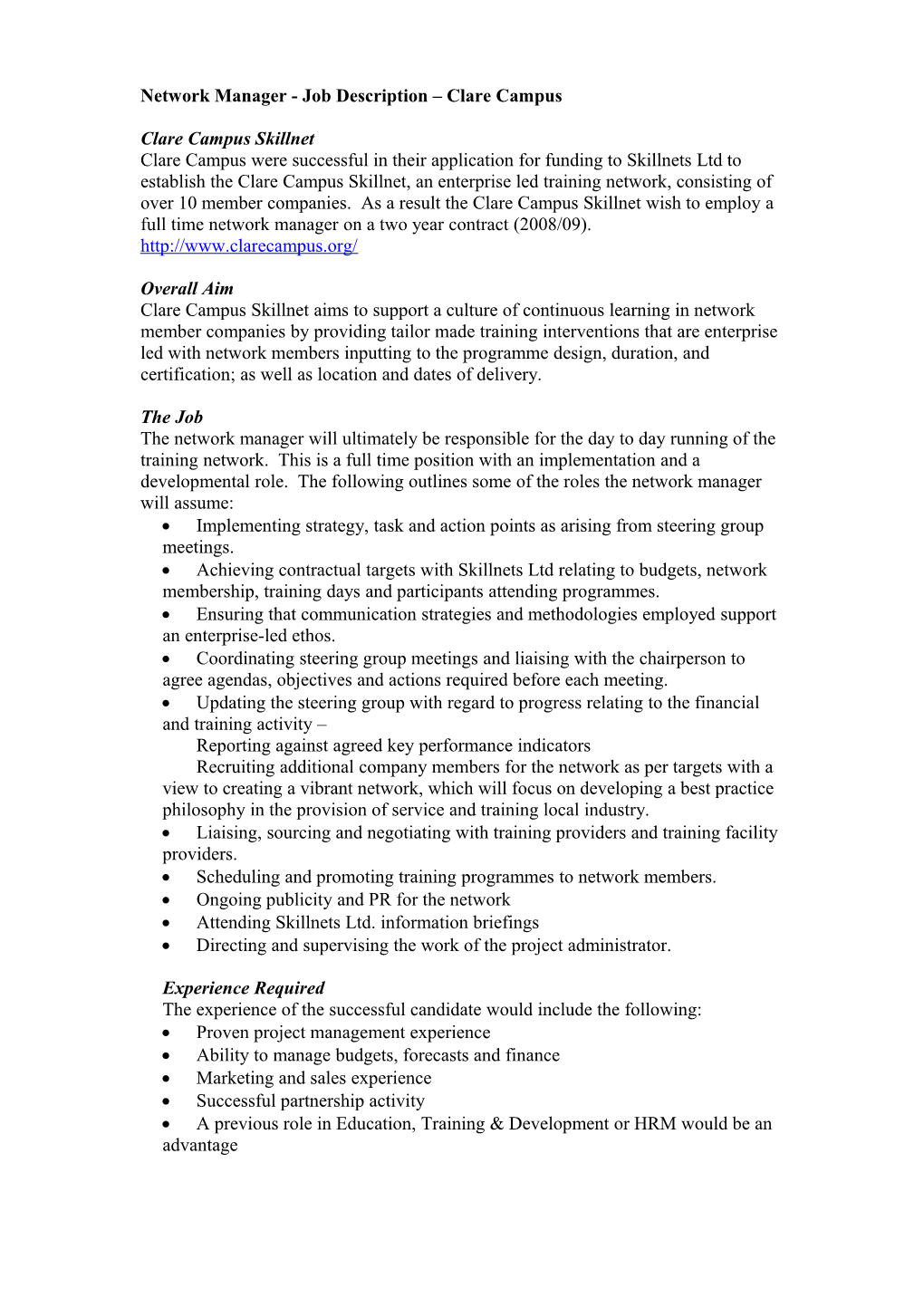 Network Manager - Job Vacancy Clare Campus