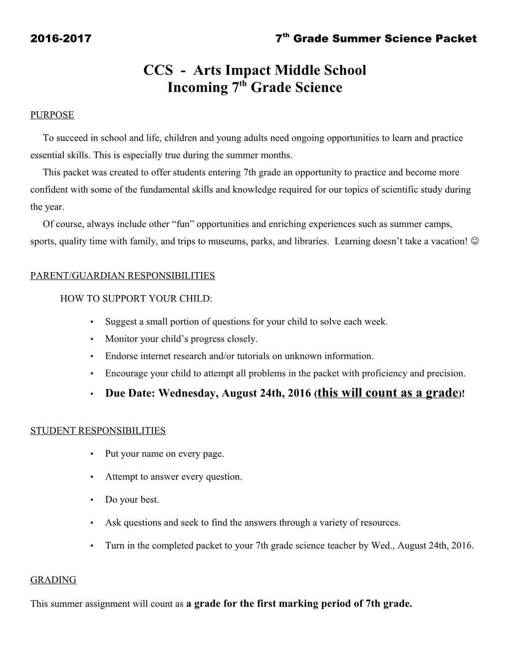 2016-2017 7Th Grade Summer Science Packet