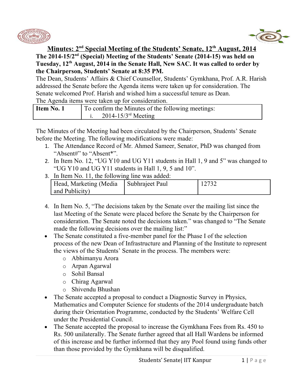 Minutes: 2Ndspecial Meeting of the Students Senate, 12Th August, 2014