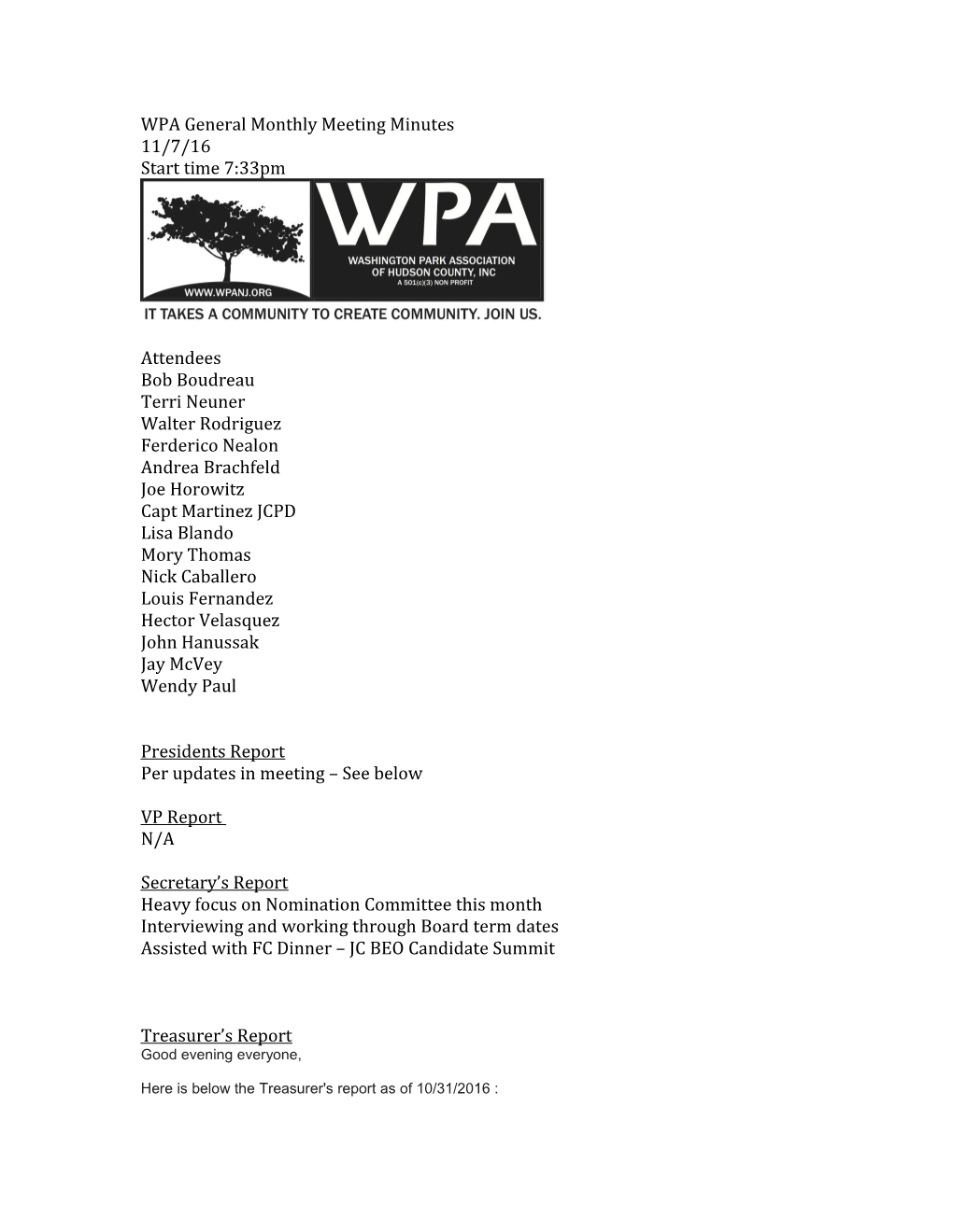 WPA General Monthly Meeting Minutes