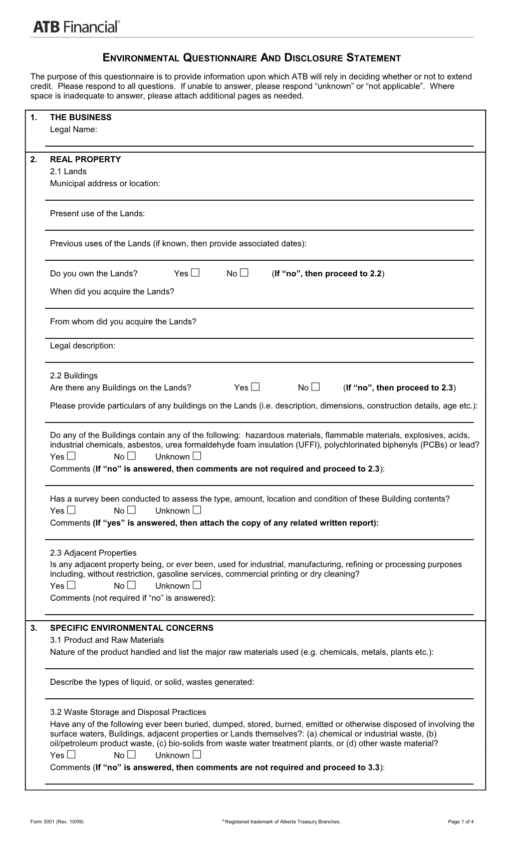 3001 - Environmental Questionnaire and Disclosure Statement