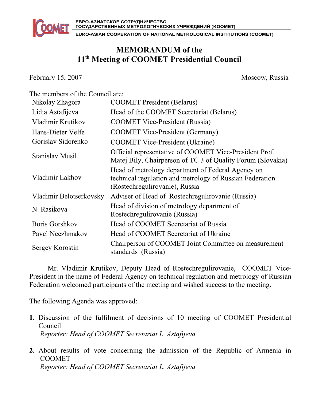 11Th Meeting of COOMET Presidential Council