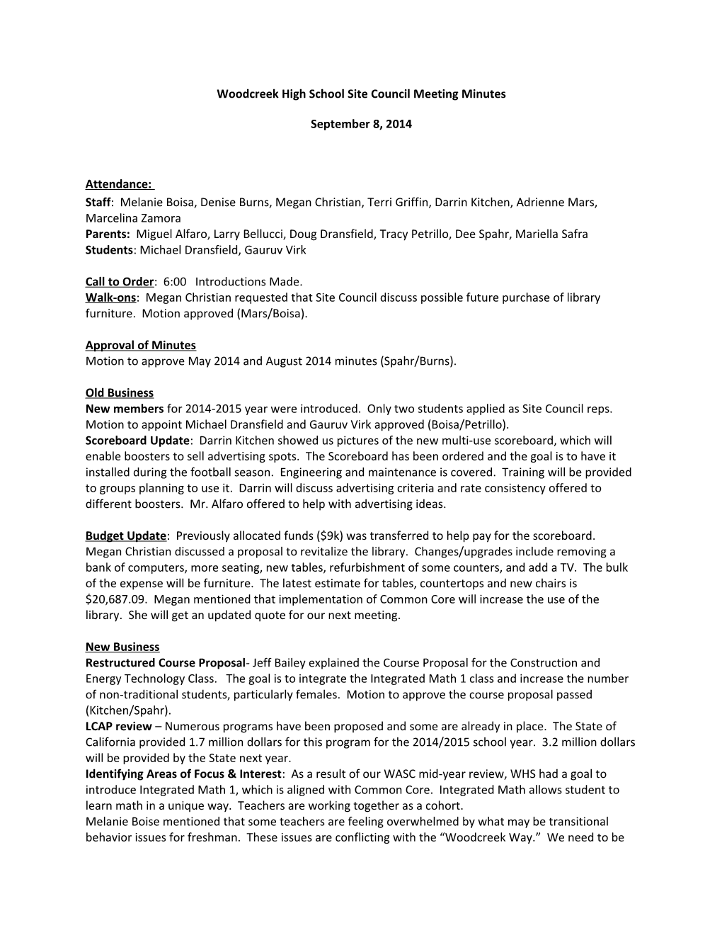 Woodcreek High School Site Council Meeting Minutes