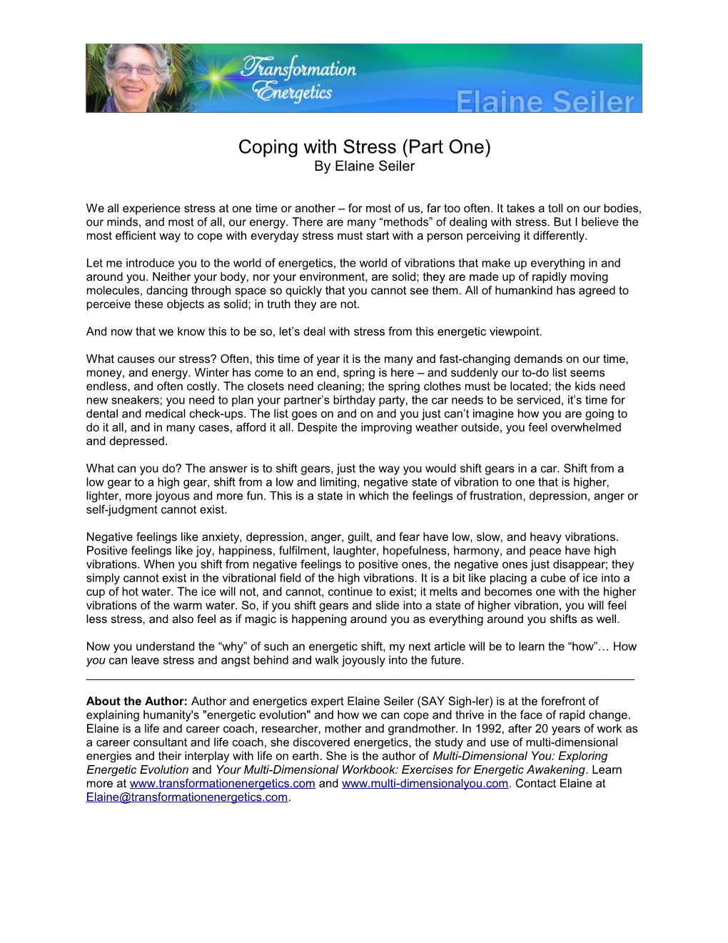 Coping with Stress (Part One) by Elaine Seiler