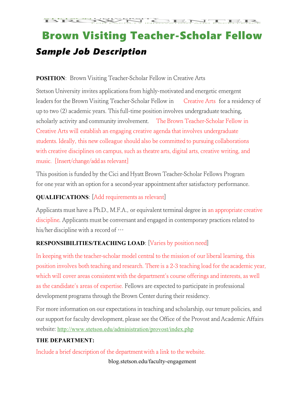 Brown Visiting Teacher Scholar Fellow Position Description Template