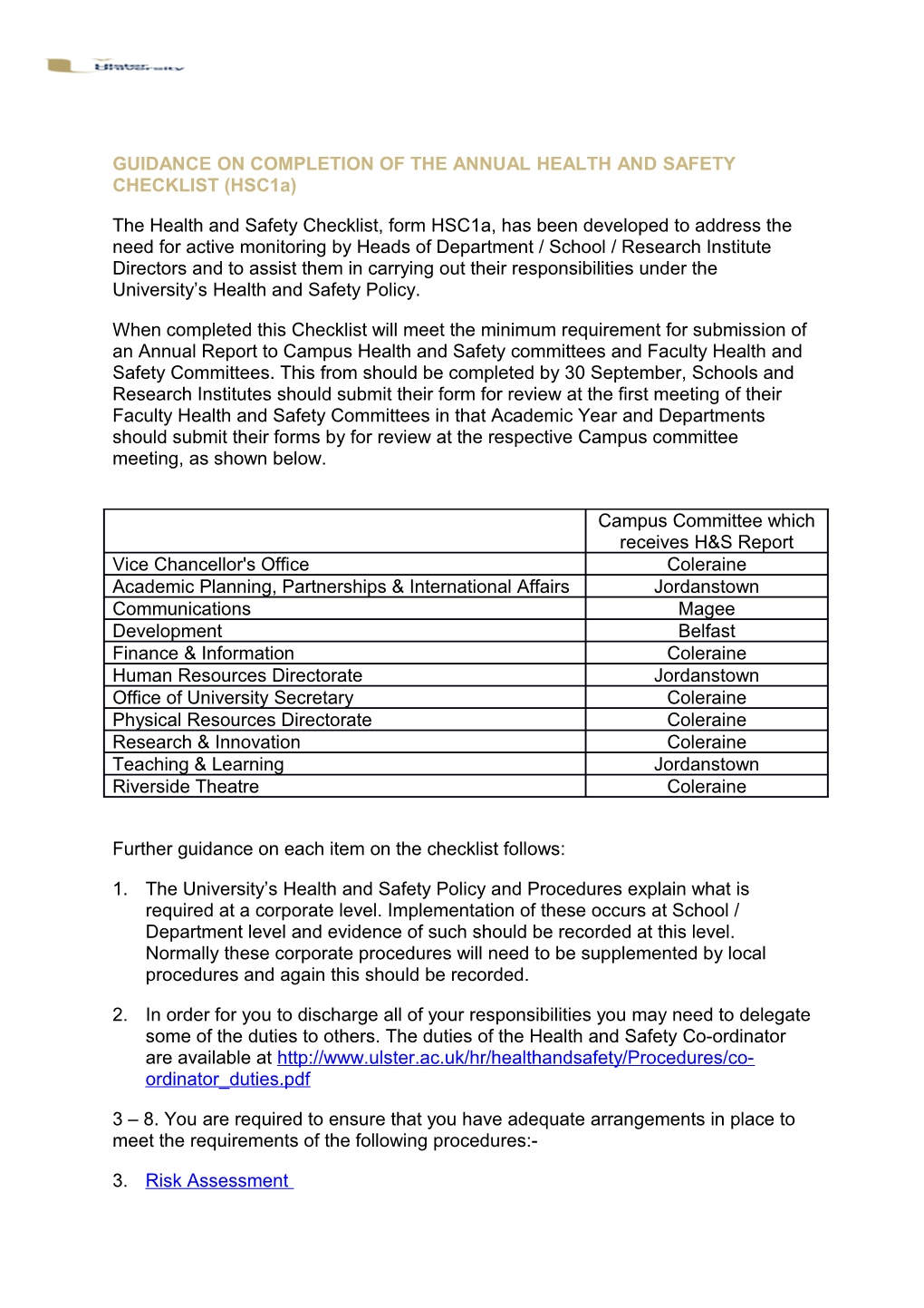 GUIDANCE on COMPLETION of the ANNUAL HEALTH and SAFETY CHECKLIST (Hsc1a)