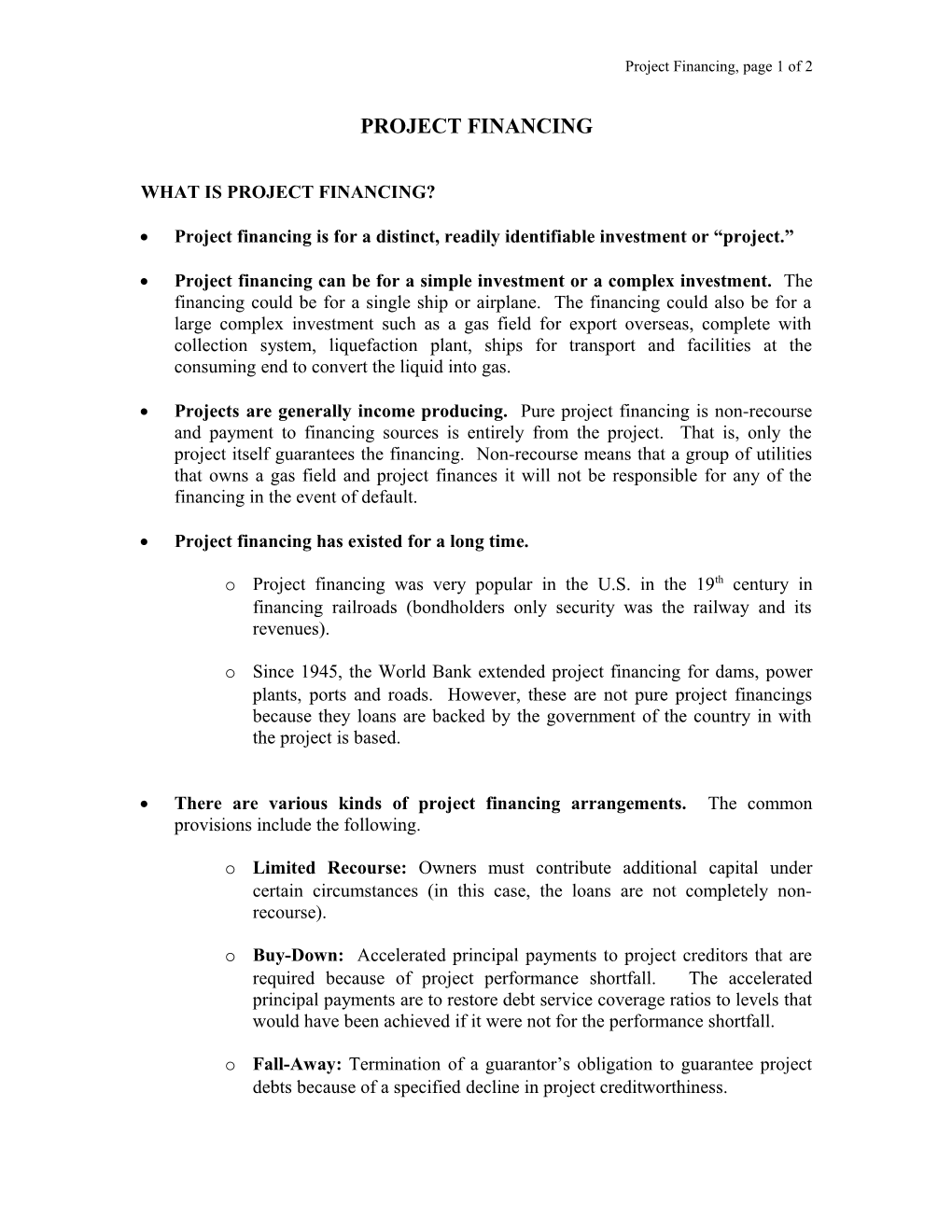 Project Financing, Page 1 of 2