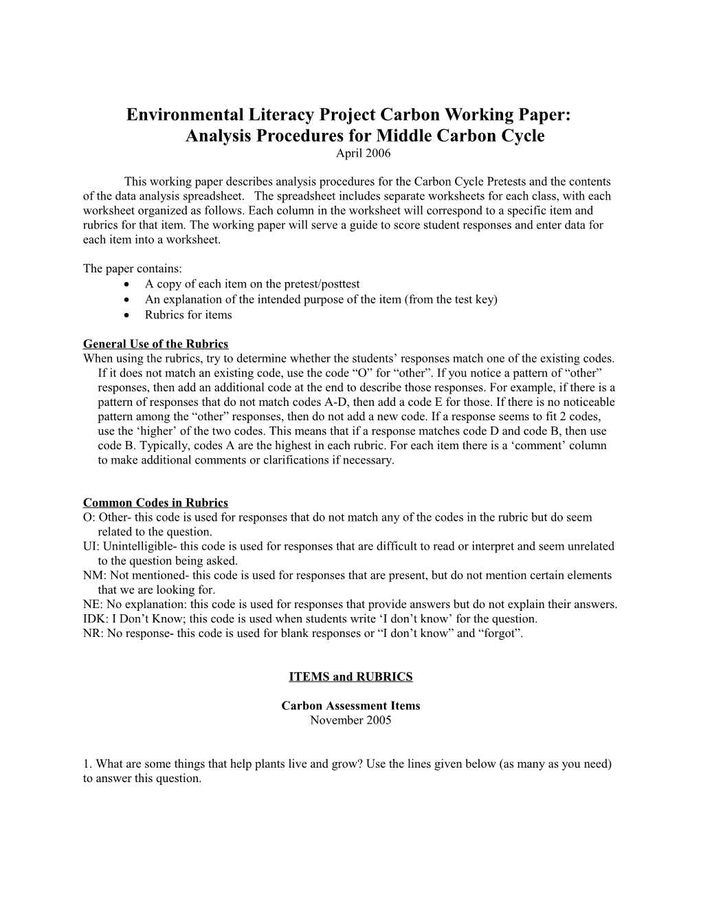 Environmental Literacy Project Carbon Working Paper