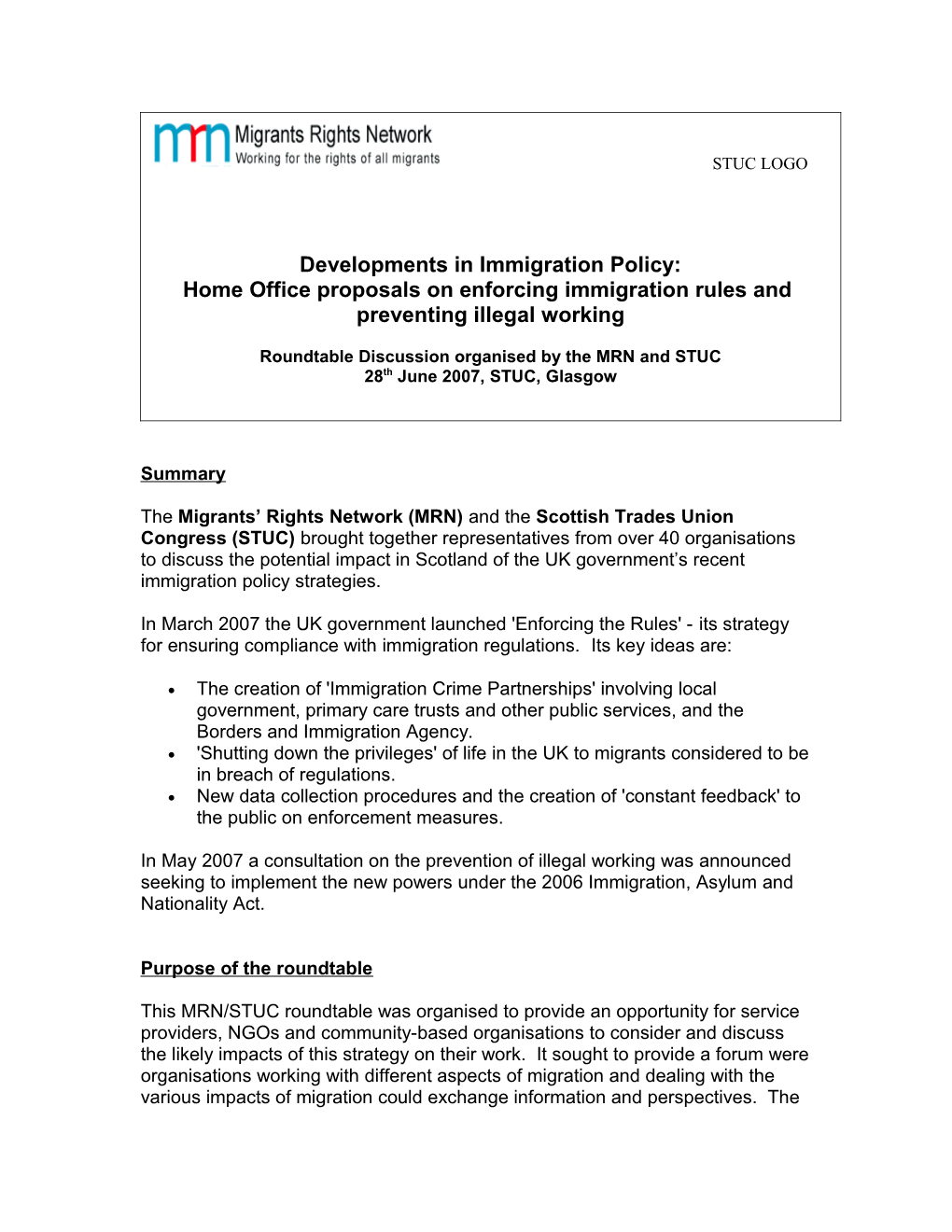 Report on MRN/STUC Roundtable, 28Th June 2007