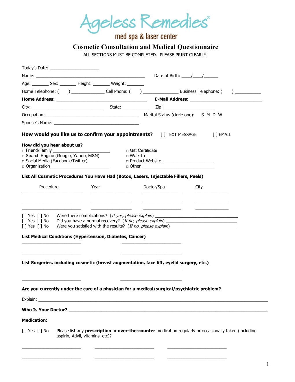 Cosmetic Consultation and Medical Questionnaire