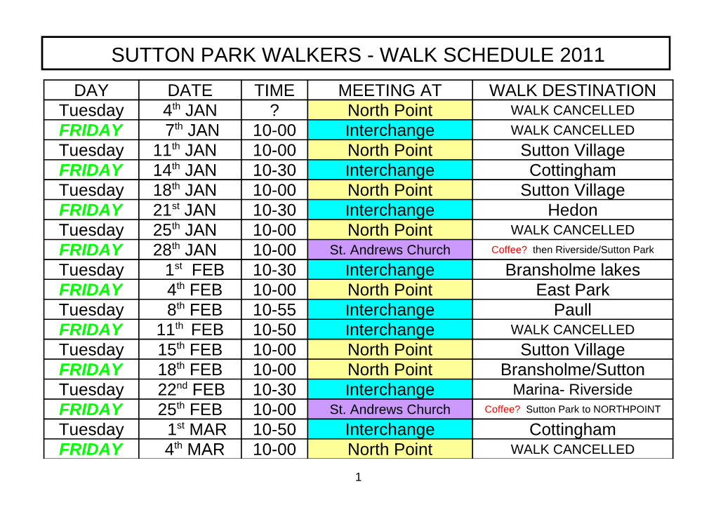 Sutton Park Walkers - Walk Schedule 2010