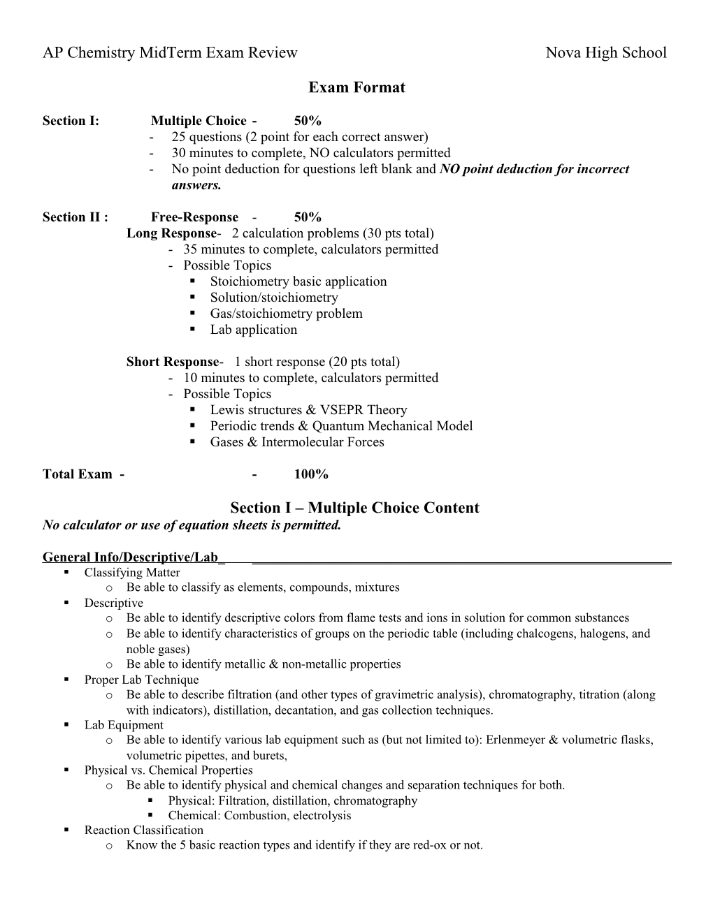 Chemistry Honors Mid-Term Exam Review Sheet