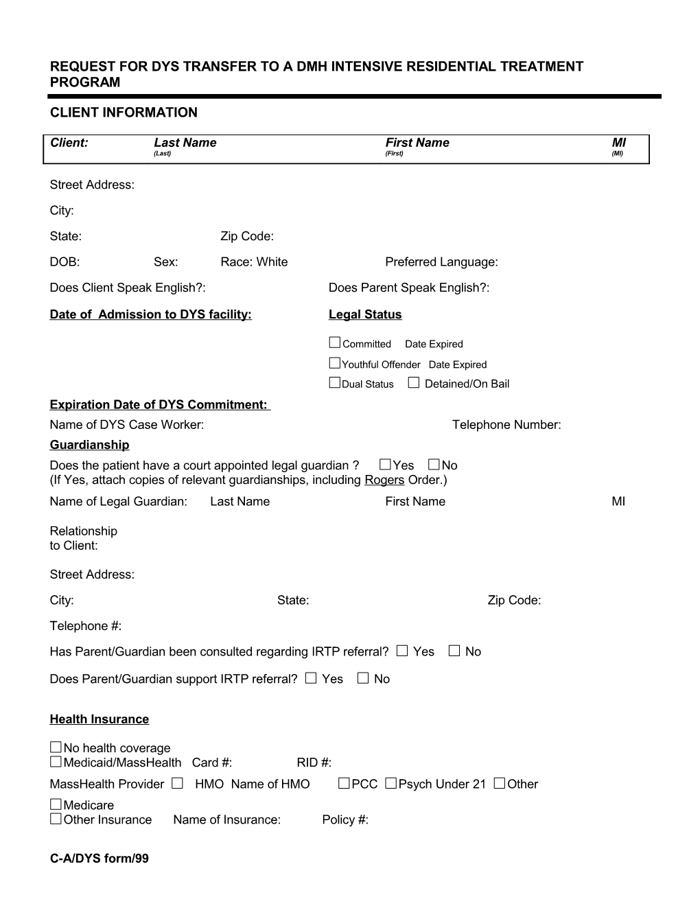 Request for Transfer to Dmh Continuing Care Inpatient