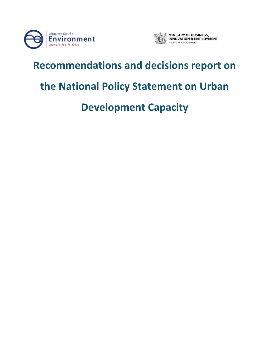 Recommendations and Decisions Report on the National Policy Statement on Urban Development