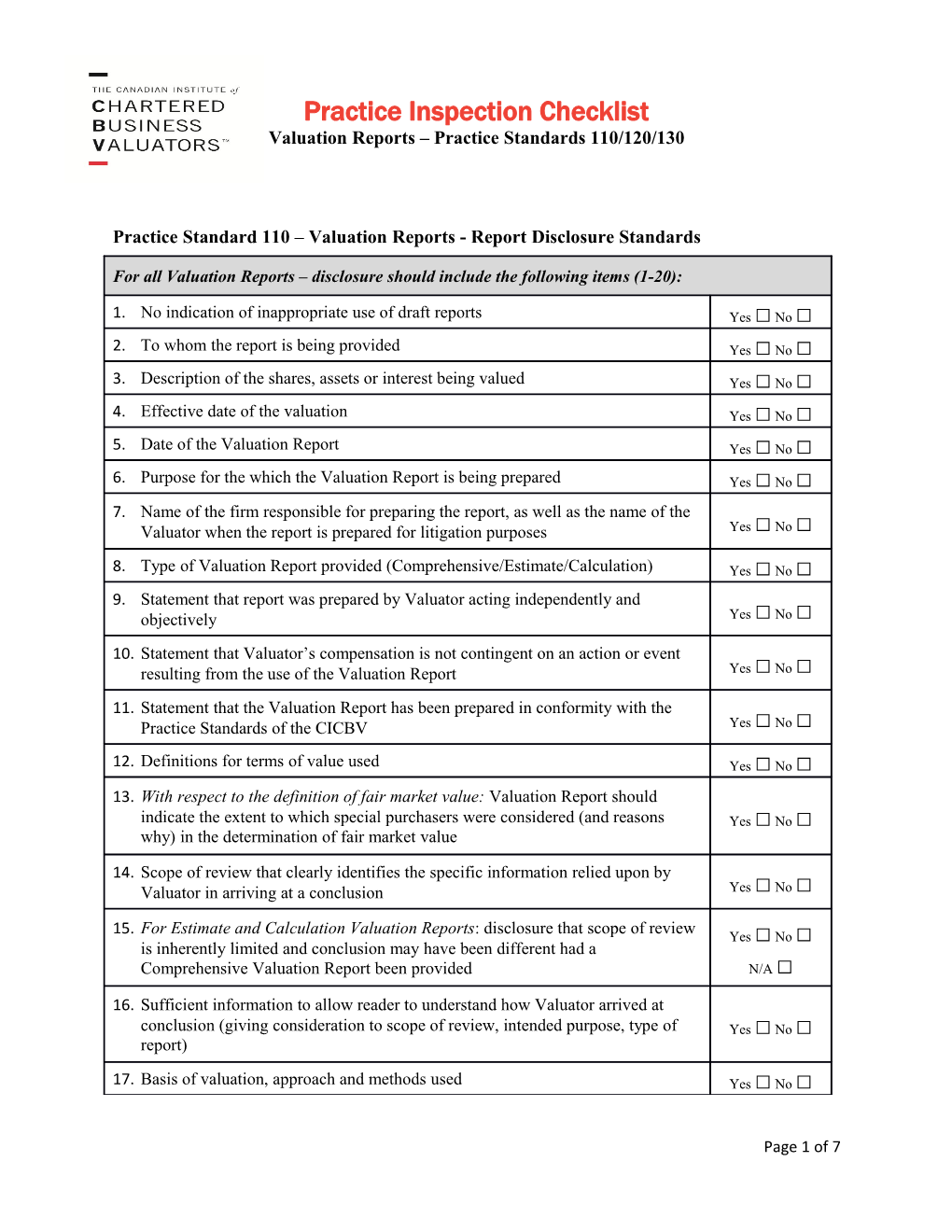 Valuation Reports Practice Standards 110/120/130