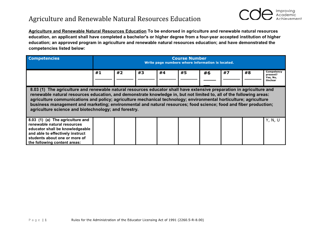 Agriculture and Renewable Natural Resources Education