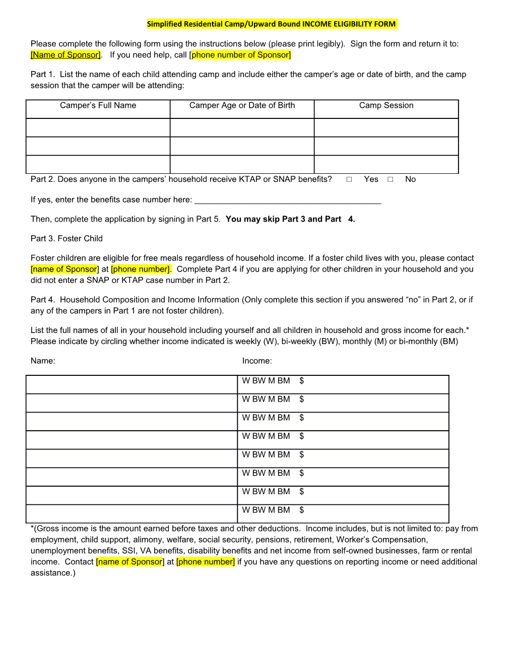 Simplified Residential Camp/Upward Bound INCOME ELIGIBILITY FORM