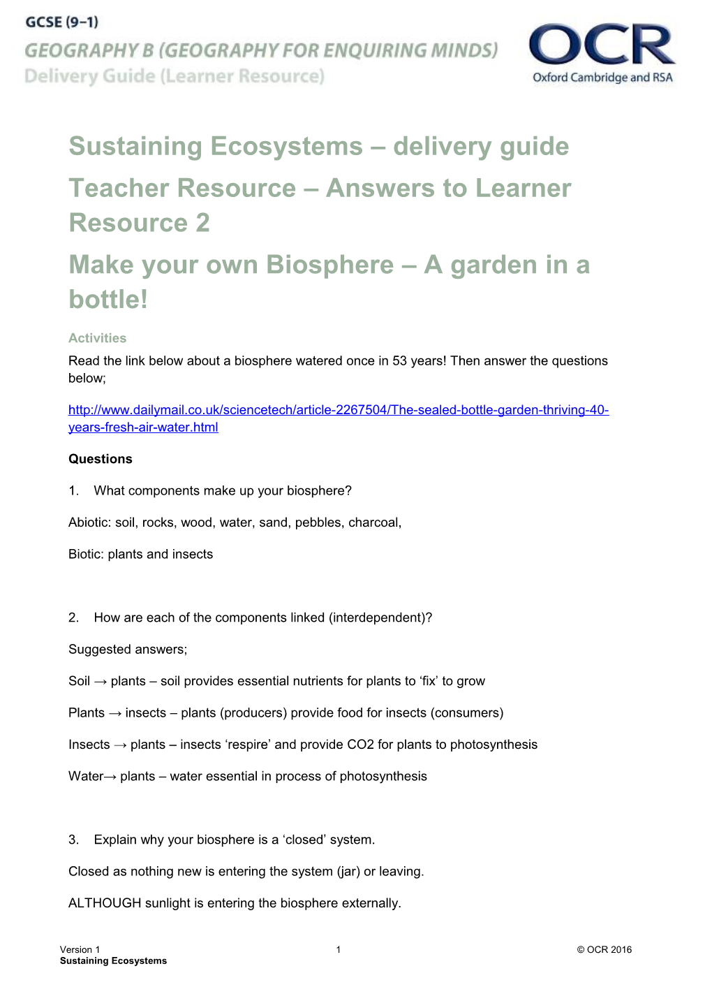 OCR GCSE (9-1) Geography B Delivery Guide Teacher Resource 2 - Answers to Learner Resource