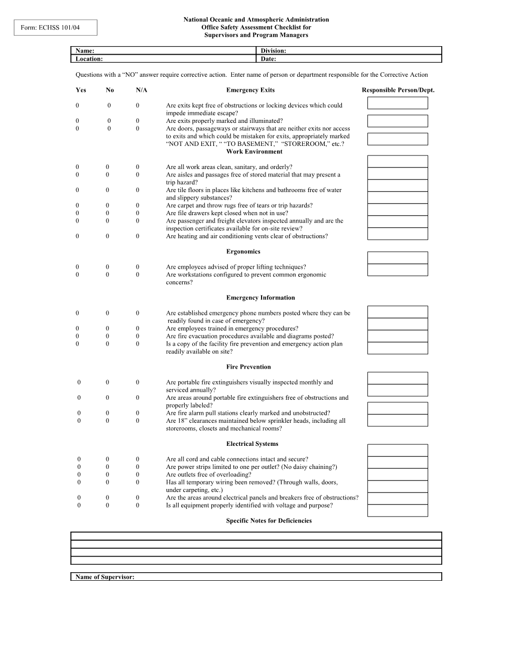 Office Safety Assessment Checklist For