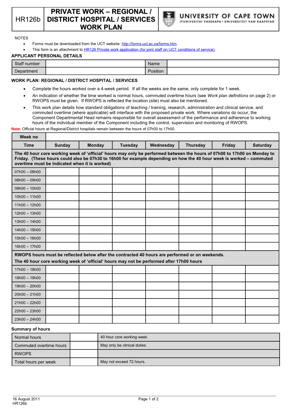 Private Work - Regional/District Hospital/Services Work Plan