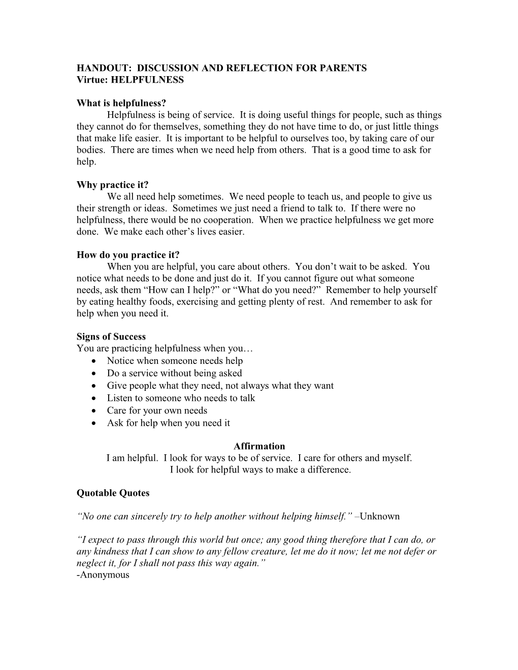 Handout: Discussion and Reflection for Parents