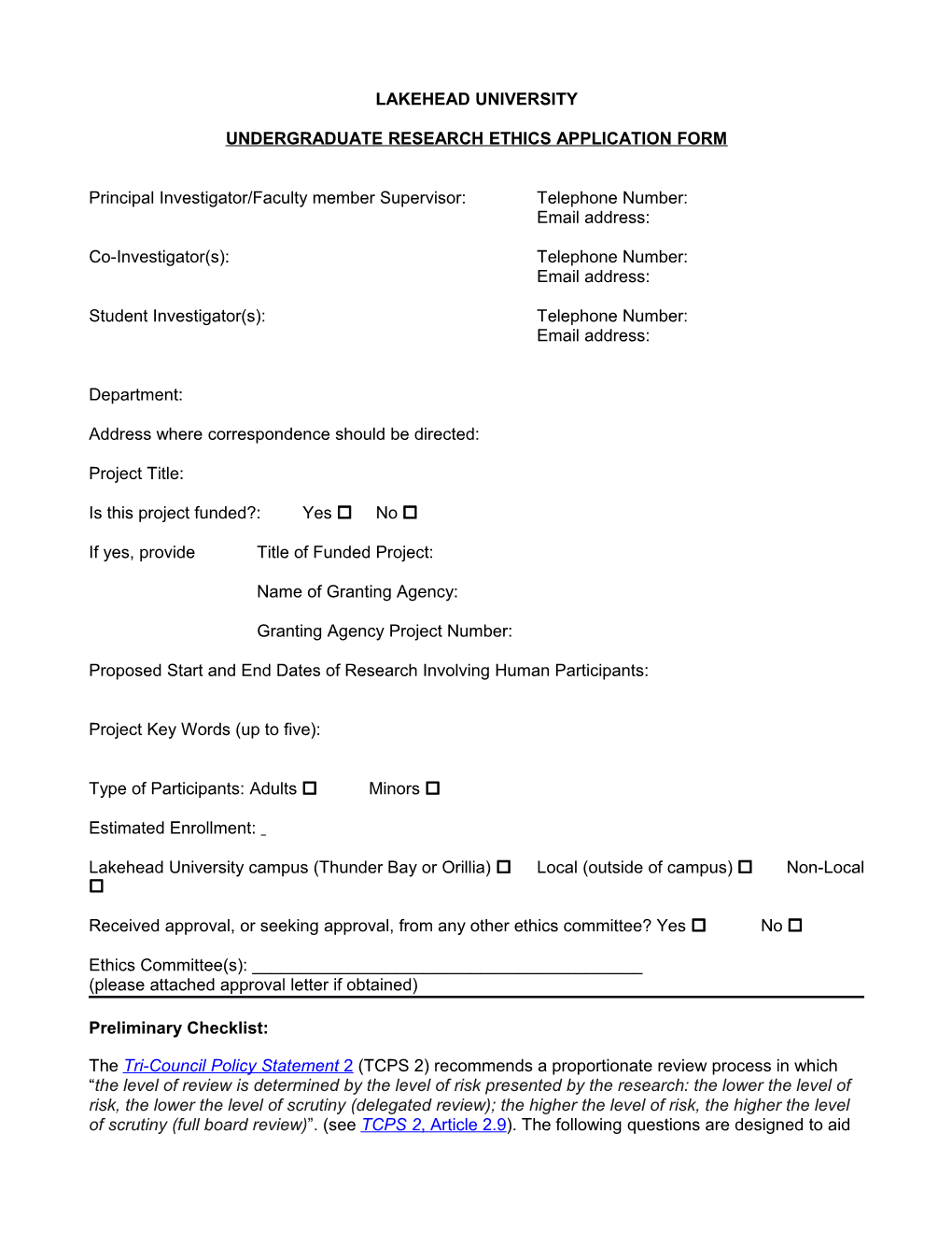 Undergraduate Research Ethics Application Form