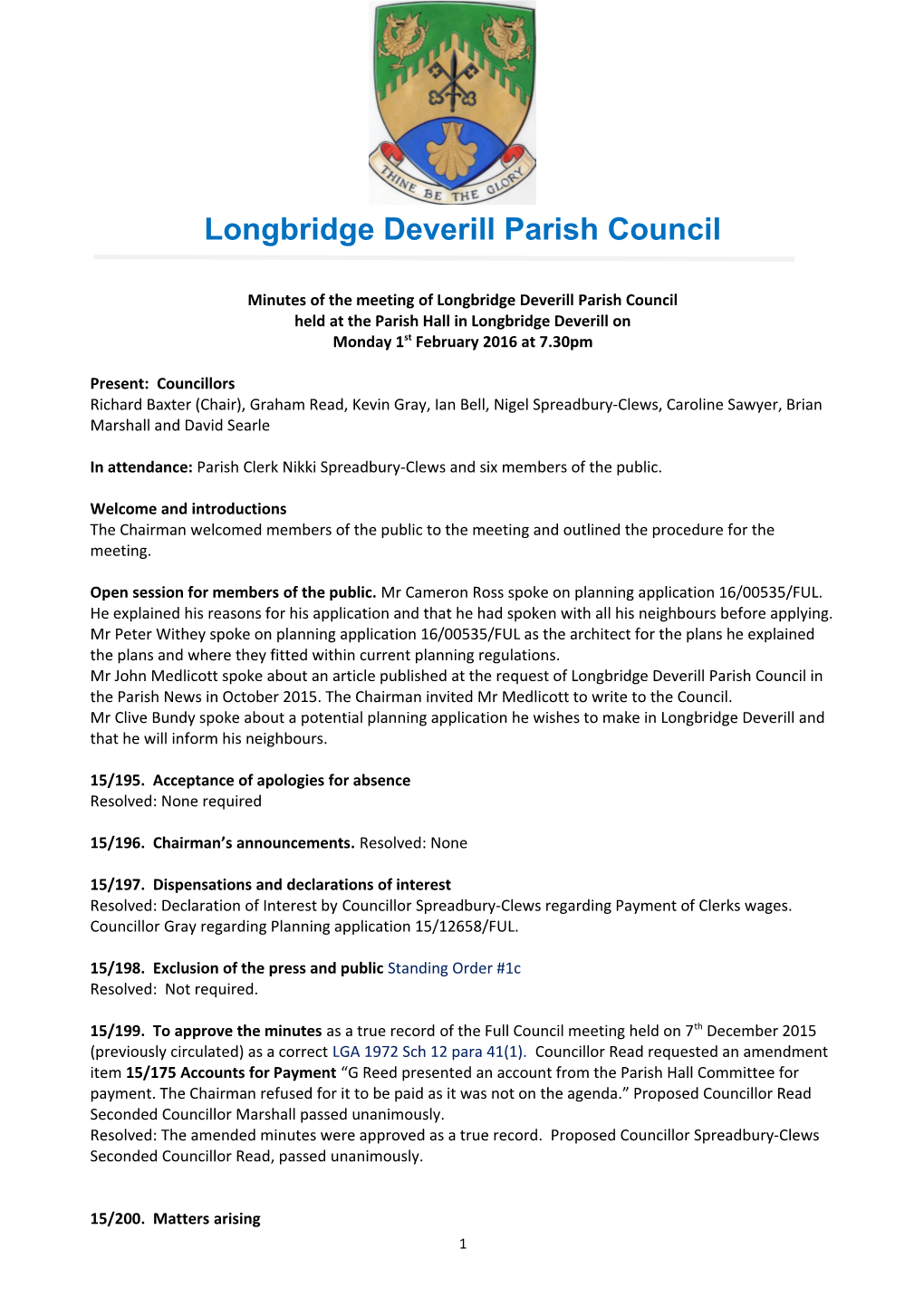 Minutes of the Meeting of Longbridge Deverill Parish Council