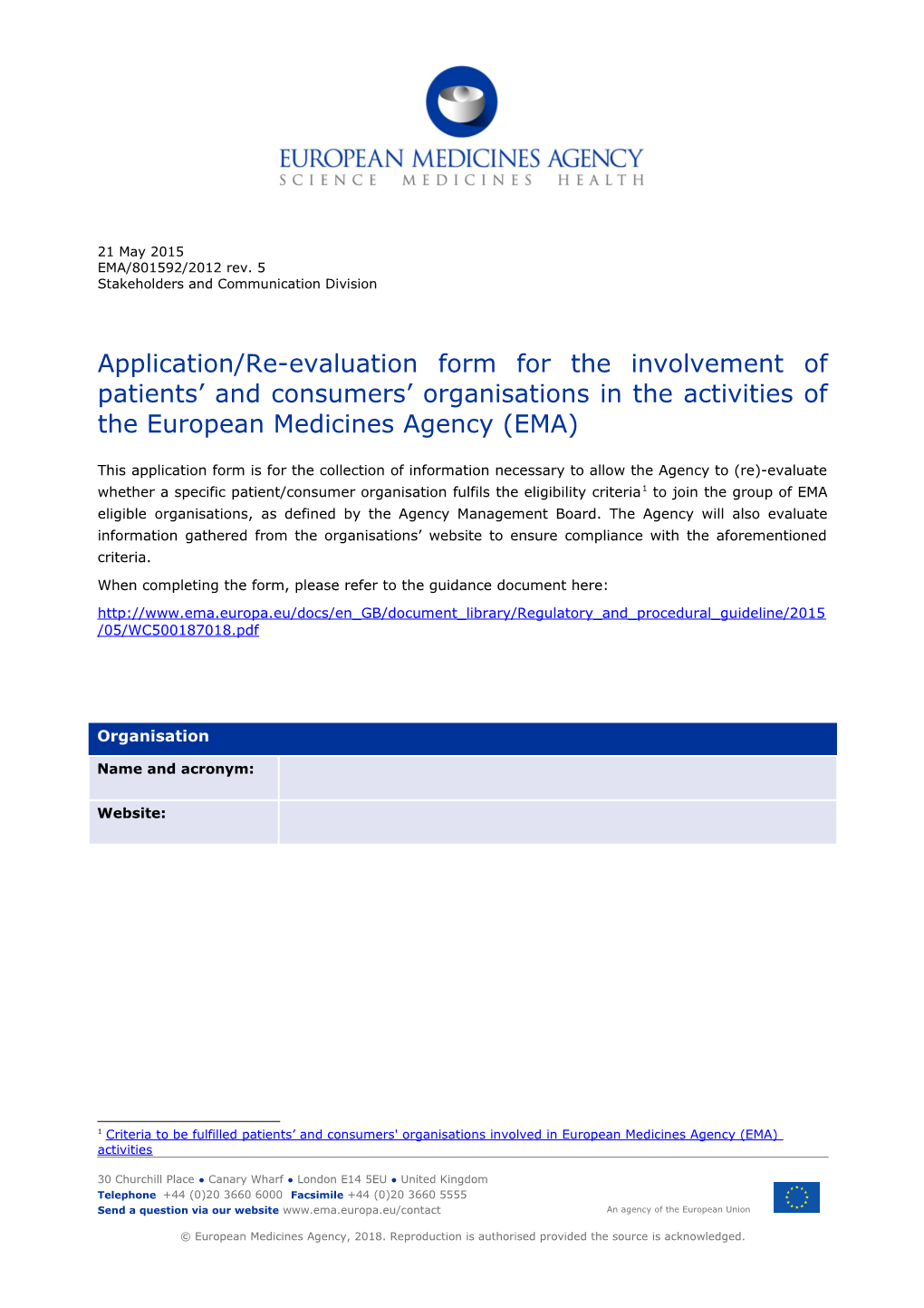 Application/Re-Evaluation Form for the Involvement of Patients and Consumers Organisations