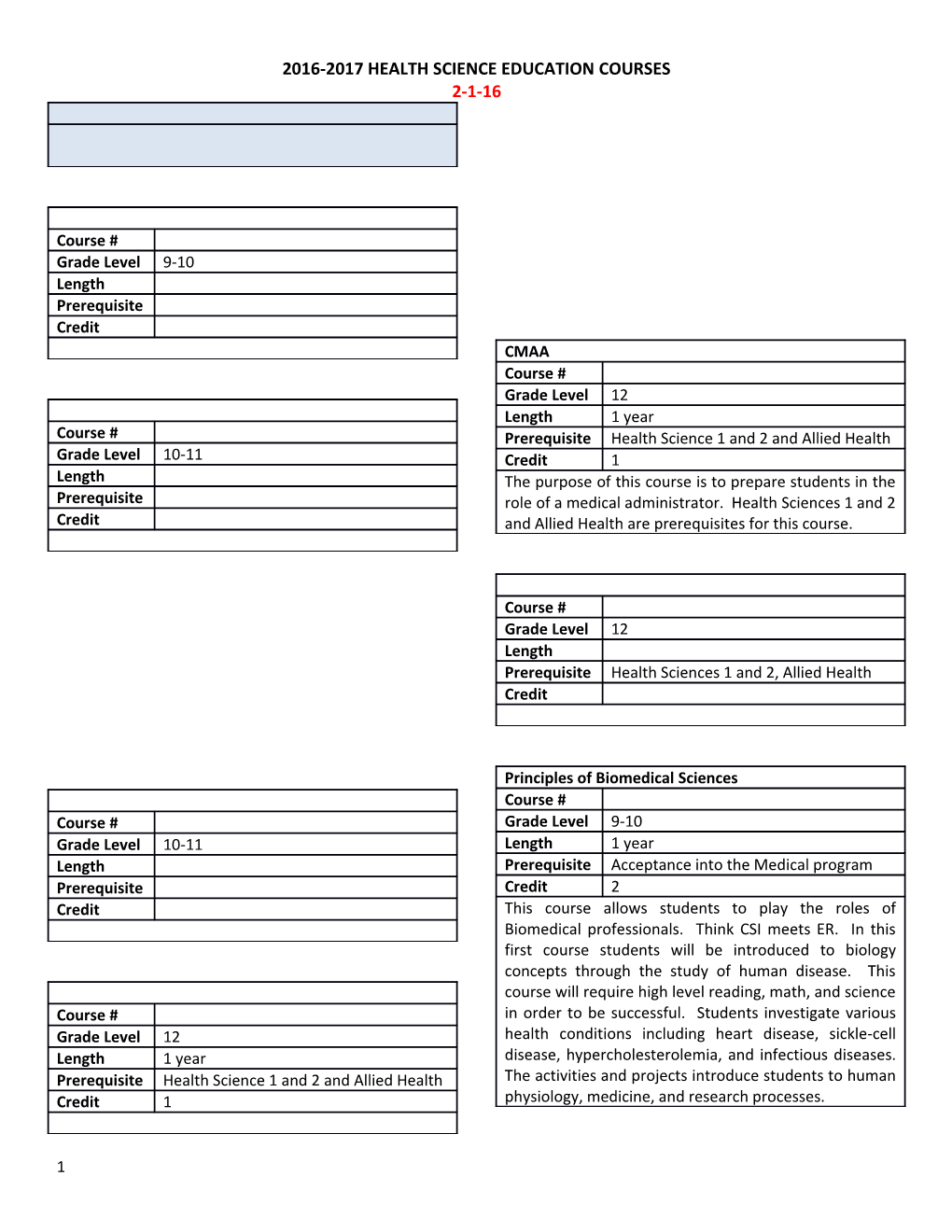 2016-2017 Health Science Education Courses