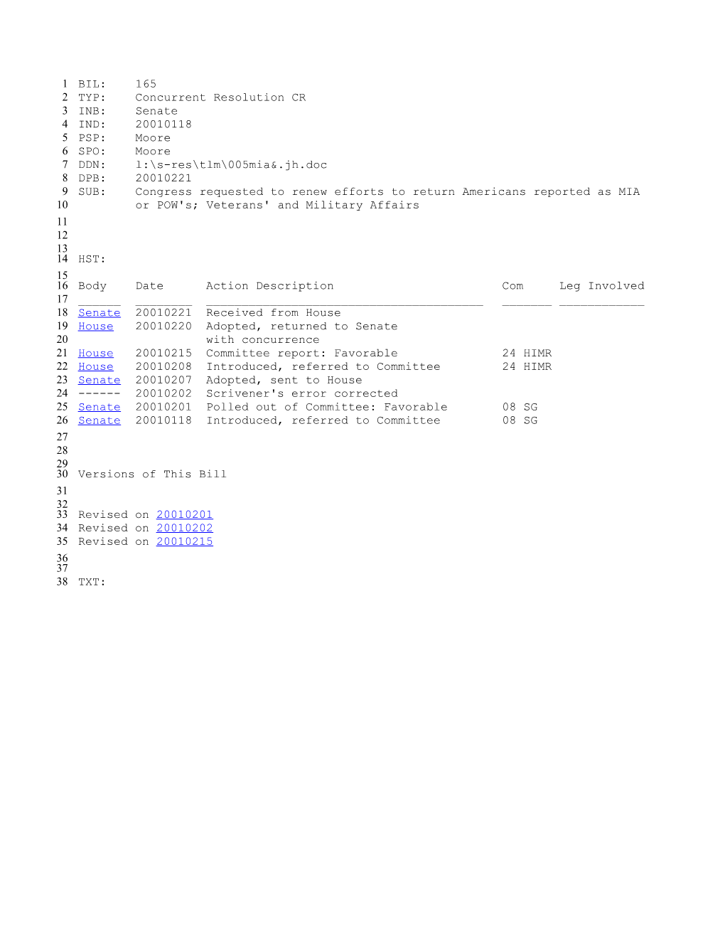 2001-2002 Bill 165: Congress Requested to Renew Efforts to Return Americans Reported As