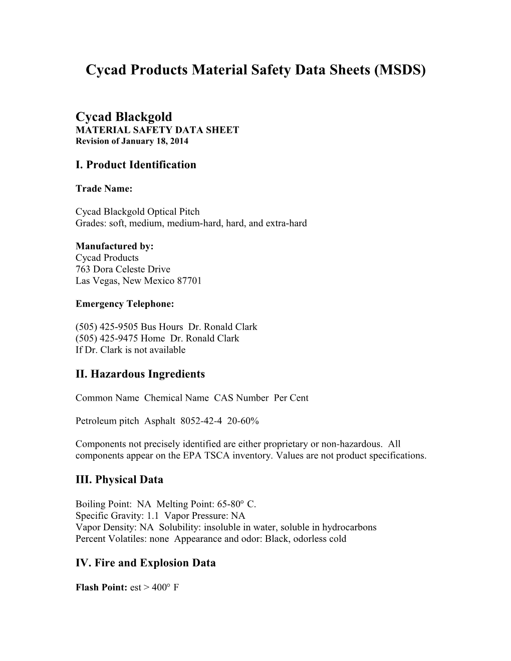 Cycad Products Material Safety Data Sheets (MSDS)