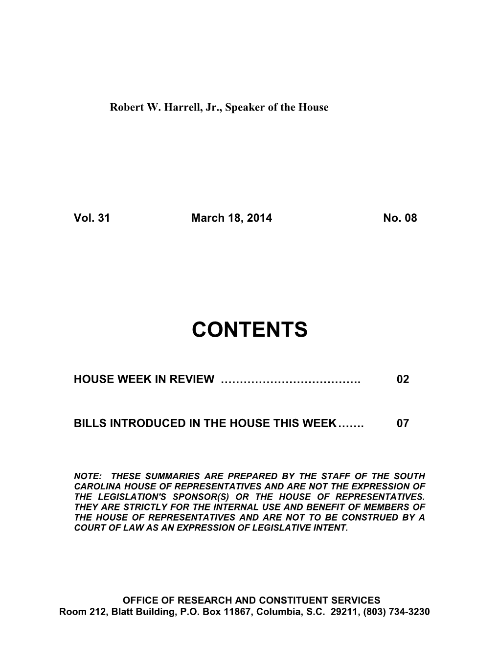 Legislative Update - Vol. 31 No. 08 March 18, 2014 - South Carolina Legislature Online