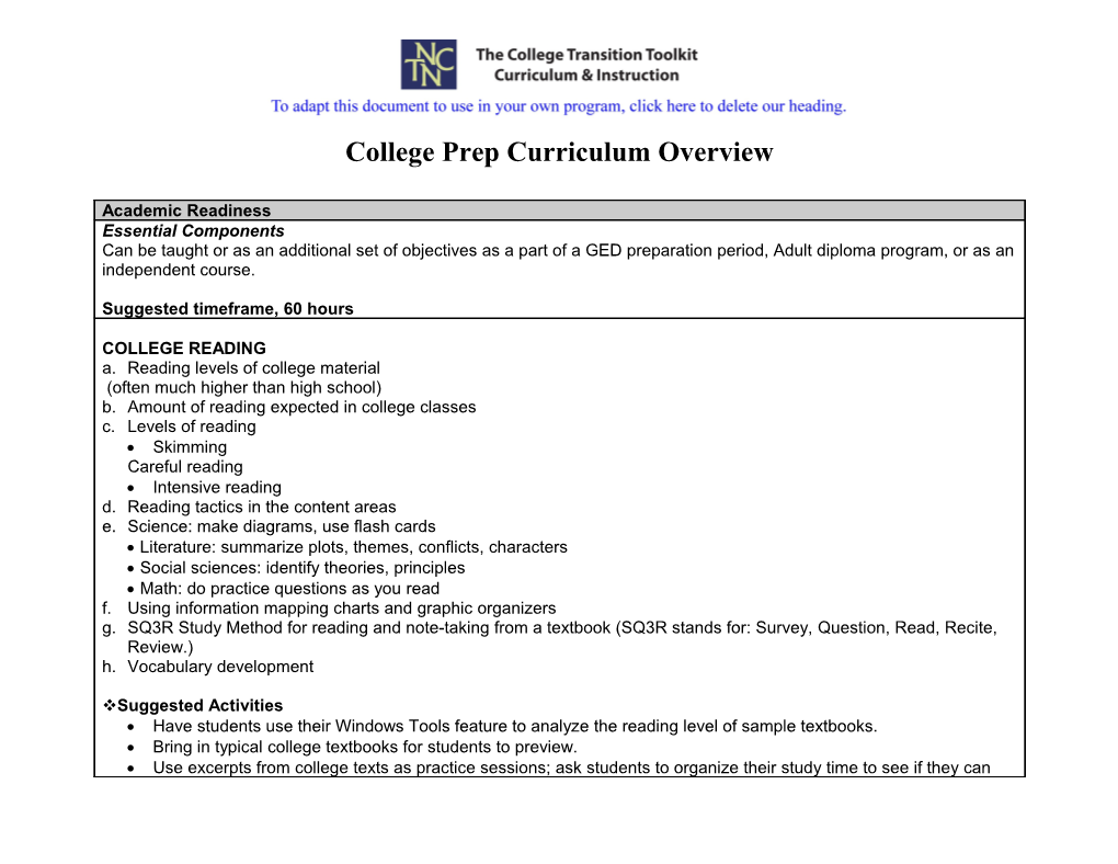 College Prep Curriculum Overview