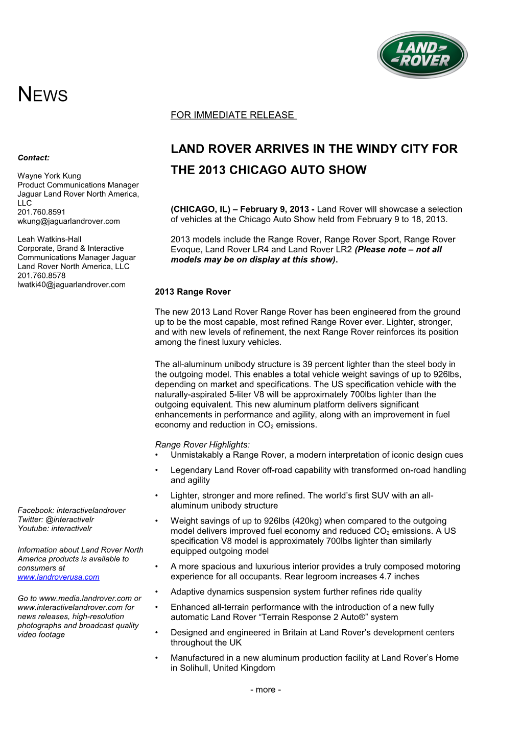 For Immediate Release Land Rover Arrives in the Windy City for the 2013 Chicago Auto Show
